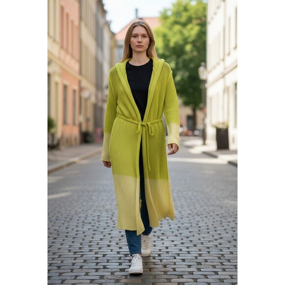 Issey Miyake Knit Cardigan Sweater Belt Women's M Green Yellow Ombre Mesh Duster - Picture 2 of 11